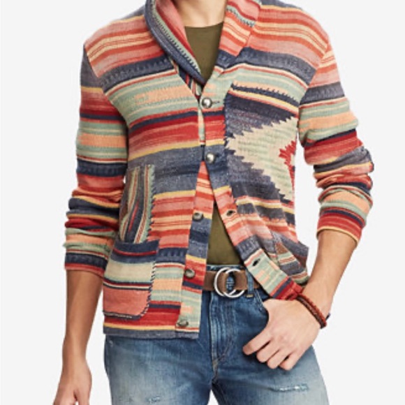 Vintage 90s POLO RALPH LAUREN XL Cardigan Southwest Aztec Navajo Silk Patchwork - Picture 9 of 12